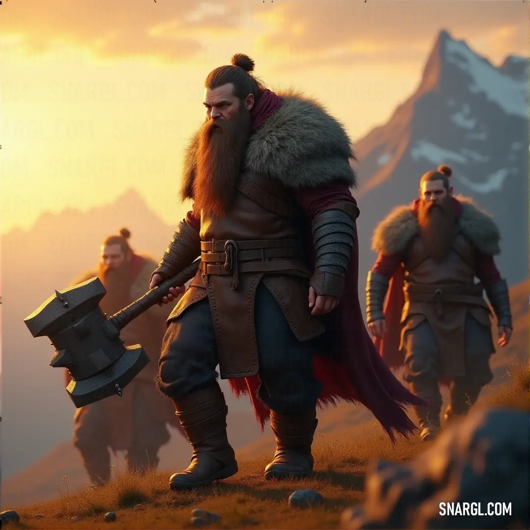 Witness the brave band of warriors in their quest, dressed in historical clothing and armed with axes, symbolizing the nobility and valor of their time as they traverse the rugged terrain of a hill. A group of men clad in medieval attire journeys along a hill, axes in hand and helmets gleaming in the sunlight, their camaraderie and determination reflecting the spirit of a bygone era filled with quests and conquests.