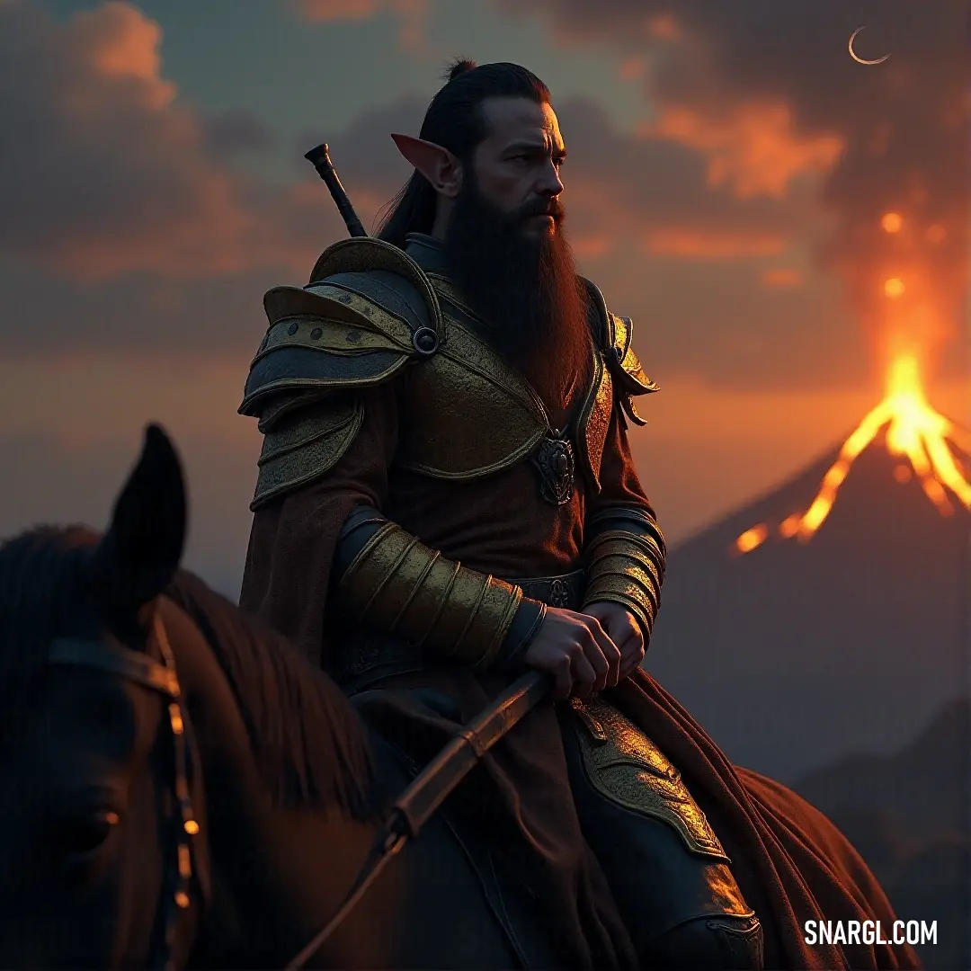 Dáin Stonehelm, in full armor, rides into the heart of danger before a raging volcano, sword raised in defiance. Dáin Stonehelm, clad in full armor, rides steadfastly through a volcanic landscape. With sword drawn, his gaze is focused on the looming eruption ahead, prepared to face whatever peril the molten earth may bring.