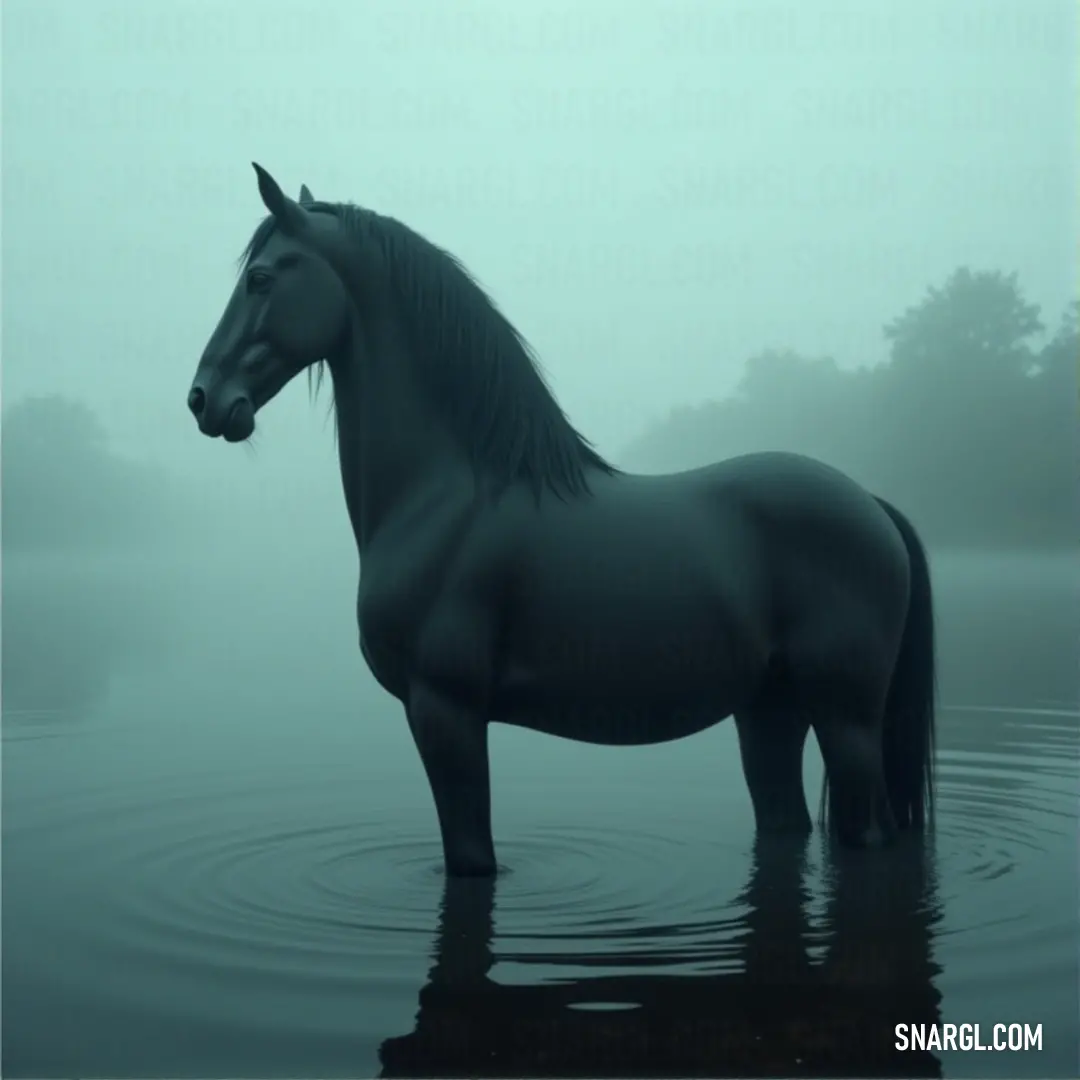 A horse stands in the middle of a serene, fog-covered water, surrounded by an eerie mist and shadowy trees, capturing the quiet beauty of nature's stillness. A majestic horse standing gracefully in the calm, misty waters, its hooves submerged beneath the foggy surface. Tall trees loom in the distance, barely visible through the heavy fog, creating an enchanting, tranquil scene.