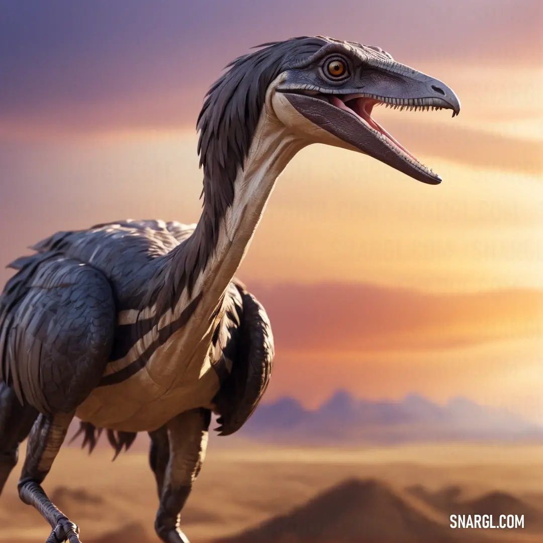 A Dakotaraptor with a long neck stands in a desert at sunset, with warm sunlight creating a dramatic atmosphere. A Dakotaraptor, featuring a long neck and slender body, stands proudly against a desert backdrop, with the golden hues of the setting sun casting a warm glow across the barren landscape.