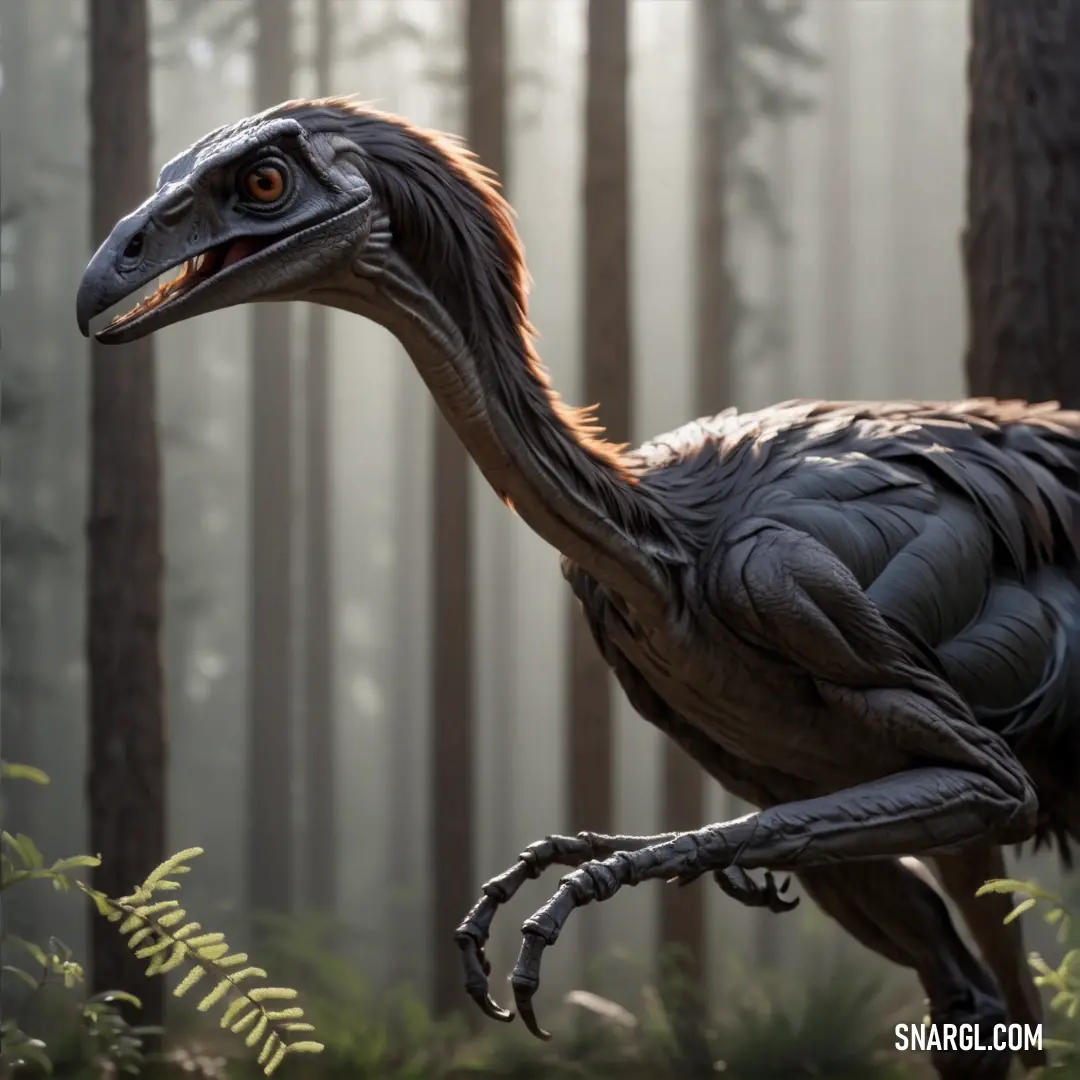 Majestic Dakotaraptor in a forest, its long neck towering over the ferns and trees that fill the wild landscape. A large Dakotaraptor with a long neck stands proudly in a lush forest, with trees and ferns providing a vibrant backdrop.
