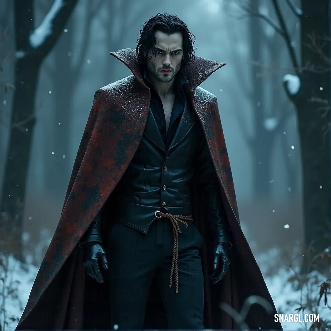 A mysterious figure in a red cape stands alone in a cold, snowy forest, where snowballs rest scattered on the frozen ground. A dark-clad figure in a red cape stands in a wintry, snow-covered forest. The trees are weighed down by snow, and the frozen ground beneath his feet is scattered with untouched snowballs, evoking an eerie, frozen stillness.