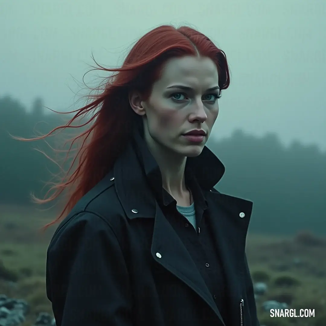 Amidst a picturesque field, a spirited figure with vibrant red hair stands confidently, embodying nature's wild beauty and freedom. A fierce figure stands tall amidst a lush field, with wild grass and rugged rocks surrounding her. Her vibrant red hair flows freely, embodying a spirit of adventure and independence against the tranquil landscape.