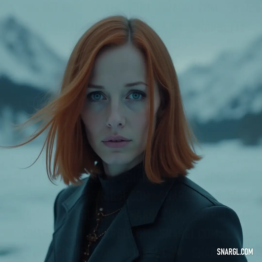 Against a stunning snow-capped landscape, a captivating figure with red hair and blue eyes gazes confidently, capturing the beauty of winter. A captivating figure clad in a stylish black coat stands against a breathtaking snowy backdrop, her striking red hair and blue eyes creating a vivid contrast, embodying a moment of quiet resilience amidst nature's wonders.