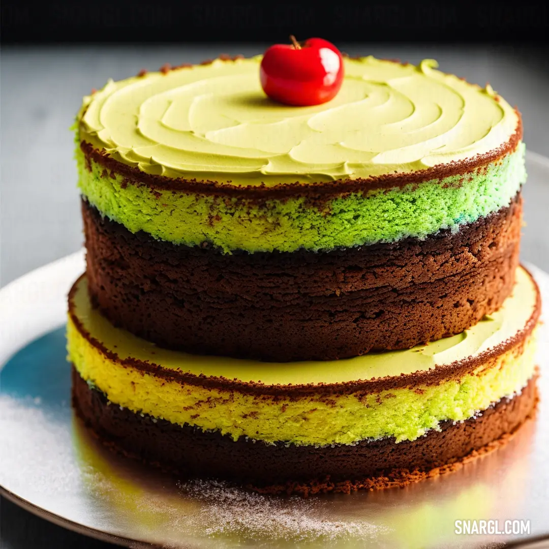 Dandelion color. Cake with a cherry on top of it on a plate on a table with a knife and fork