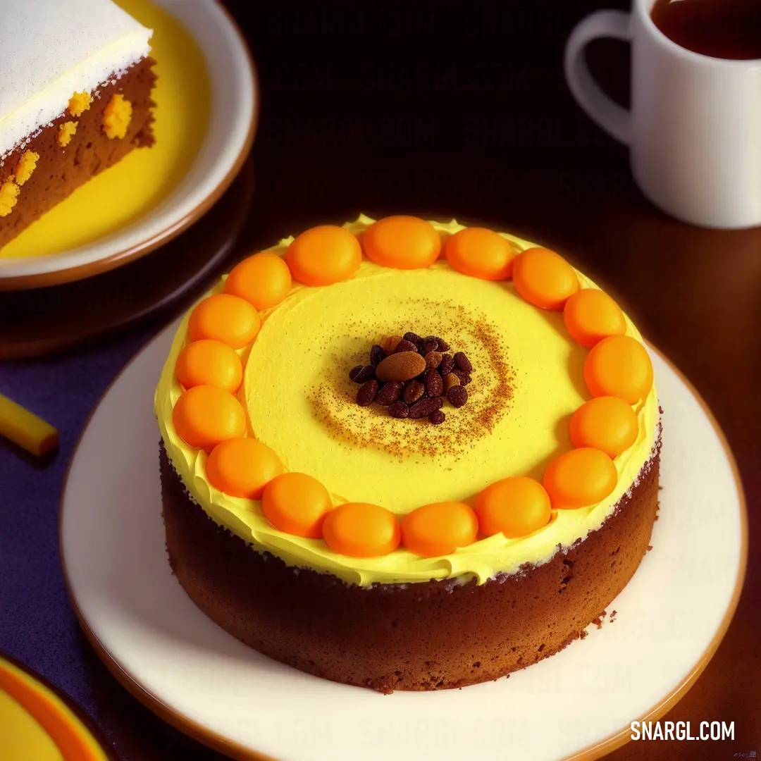 Cake with orange and yellow decorations on a plate next to a cup of coffee and a fork and spoon