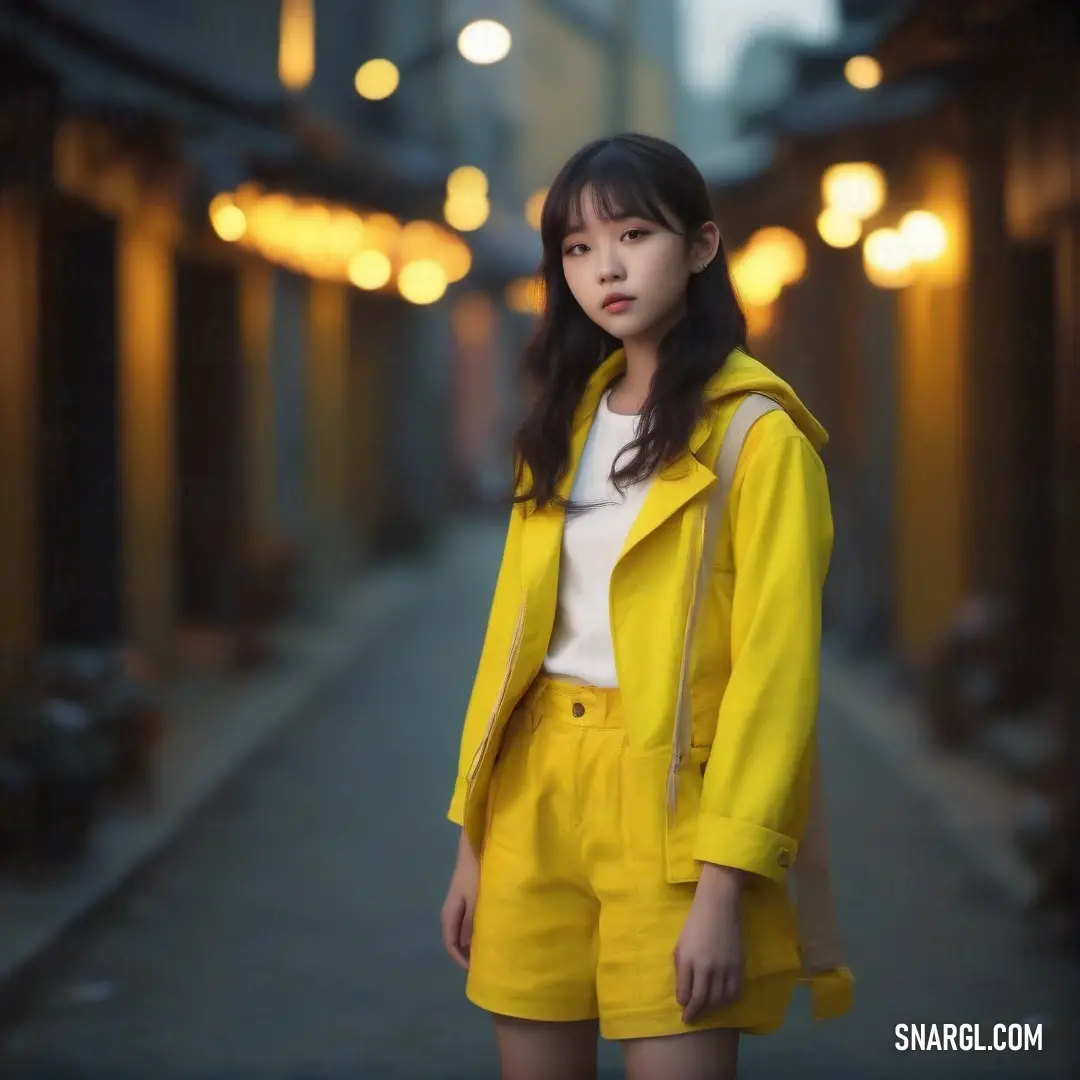 Woman in a yellow jacket and shorts standing in a hallway at night with lights on the ceiling. Example of #F0E130 color.