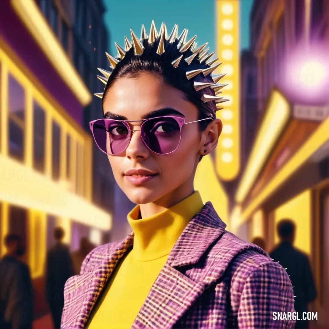 Woman with spiked hair wearing sunglasses and a purple jacket in a city street at night with a neon sign in the background