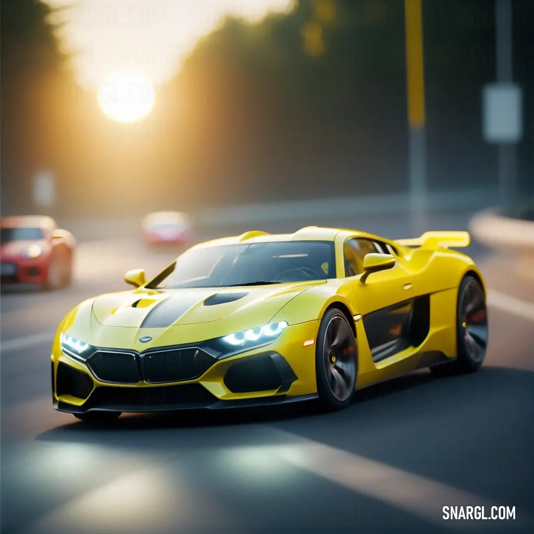 Yellow sports car driving down a street at sunset or dawn with other cars in the background. Color #F0E130.