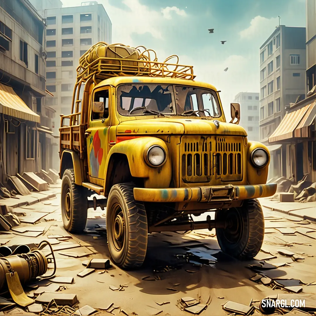 Yellow truck parked in a dirty city street with buildings in the background. Example of #F0E130 color.