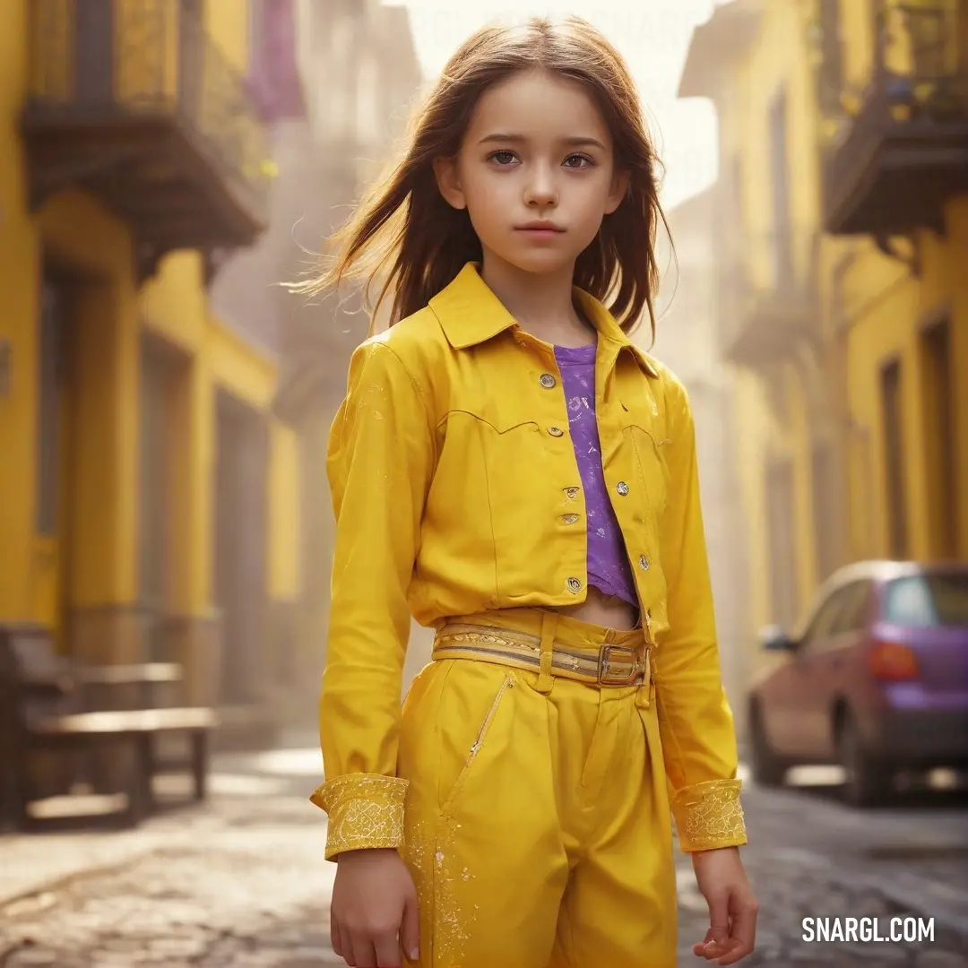 Little girl in a yellow suit standing in the street with a car in the background. Color #F0E130.