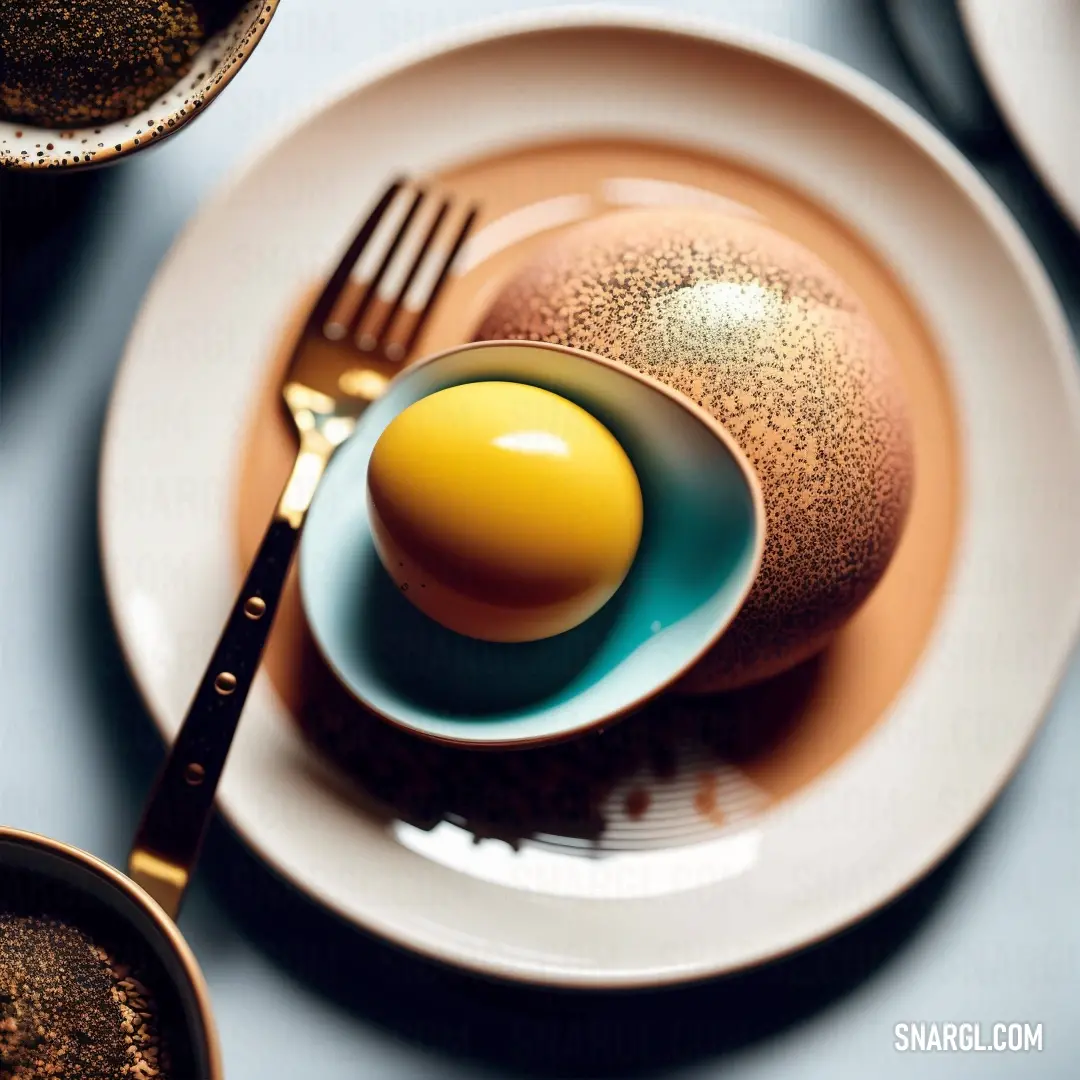 Plate with a fork and an egg on it with a spoon. Example of #F0E130 color.