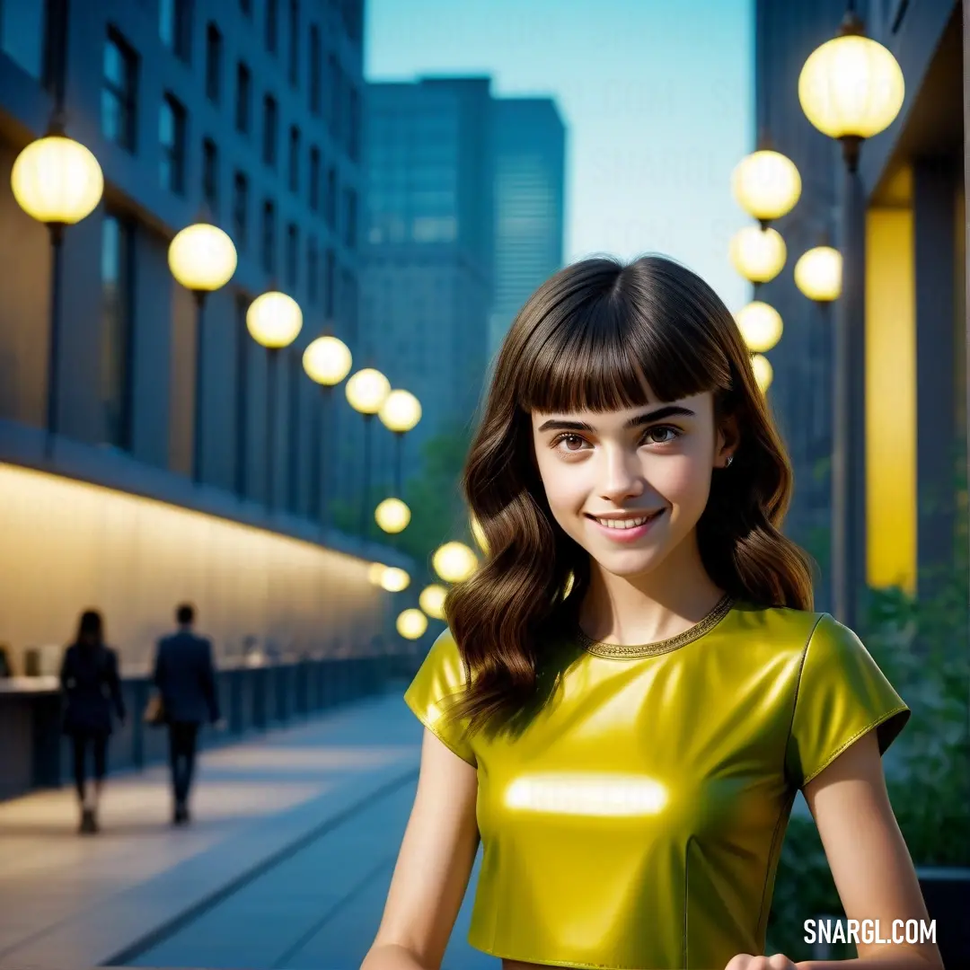 Woman in a yellow dress standing in a city street at night with a cityscape in the background. Example of #F0E130 color.