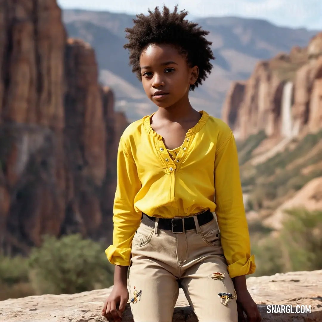 Young girl on a rock in the mountains with a yellow shirt on and a black belt around her waist. Color Dandelion.