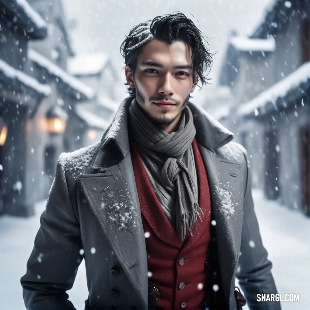 A man in a coat and scarf stands in a snowy landscape, his jacket slung over his shoulder, exuding a laid-back yet ready-for-winter vibe. A man bundled up in a coat and scarf stands in the snow, his hands tucked in his pockets and a jacket draped over his shoulder. Snowflakes drift around him, emphasizing the winter chill and his relaxed yet prepared stance.