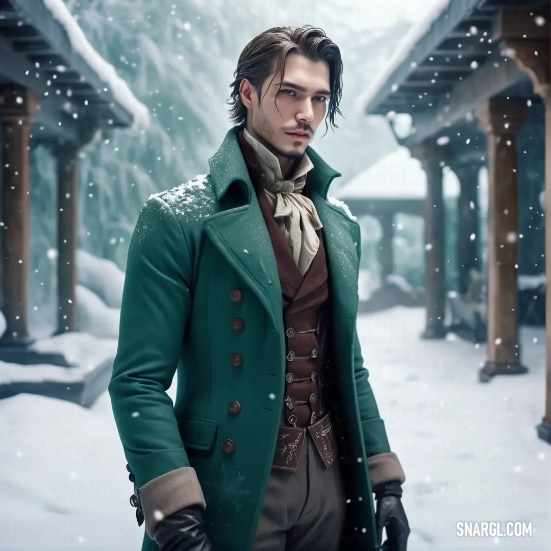 A man in a green coat and gloves stands on a snowy street, with a beautiful winter scene and a snow-covered building behind him. A man in a warm green coat and gloves stands on a snowy street, the cold winter air palpable around him. Behind him, a stately building is covered in snow, creating a picturesque winter scene with soft snowflakes falling gently.