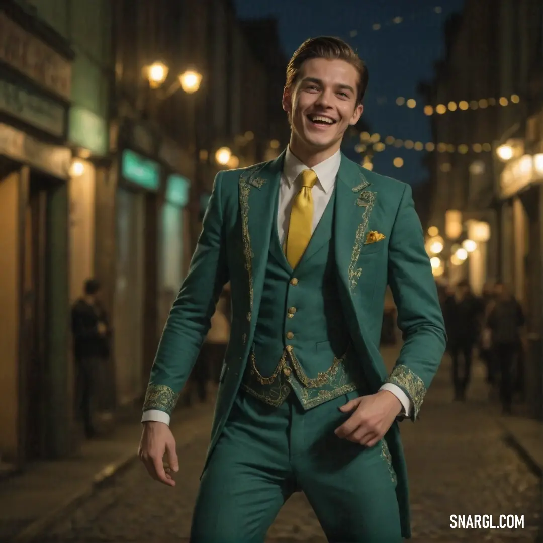 A man dressed in a green suit and yellow tie stands in the city at night, surrounded by bright lights and the dynamic energy of the urban landscape. A man in a green suit and yellow tie stands confidently on a city street at night, with the illuminated buildings and street lights creating a vibrant urban backdrop.