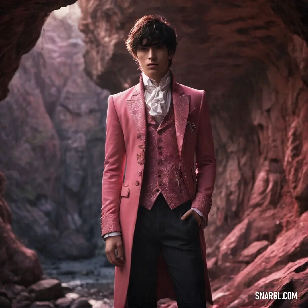 A man in a pink coat and black pants stands amidst the cool, quiet beauty of a cave with a tranquil river flowing behind him. A man in a striking pink coat and black pants stands in a serene cave, the soft, reflective surface of a river stretching out behind him. The cool, calm environment contrasts with his bold fashion choice, making him stand out in the natural setting.