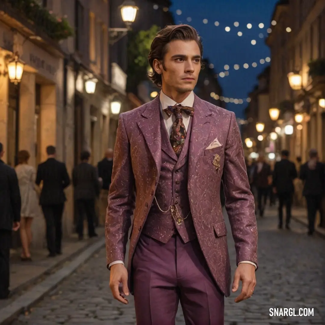A man in a purple suit stands amidst the buzz of city life at night, with street lights illuminating the scene and people walking in every direction. A man in a purple suit and tie stands on a lively street at night, surrounded by glowing lights and the hustle of people moving about the city.