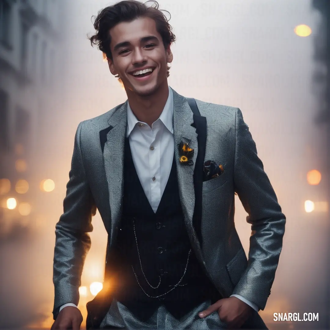 A man in a sharp suit and bow tie smiles brightly at the camera, standing on a bustling city street with skyscrapers and busy pedestrians in the background.