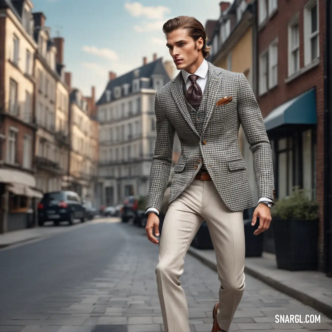 A man in a sharp suit and tie strides confidently through a bustling city street, surrounded by the vibrant urban environment. A man in a tailored suit and tie walks down a busy city street, flanked by towering buildings. His sharp attire and confident stride contrast against the bustling urban landscape, embodying city life with sophistication and purpose.