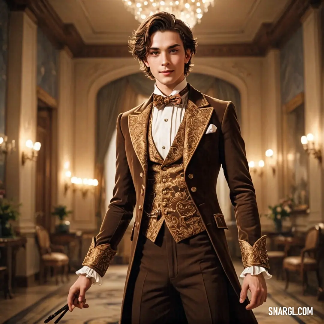 A man in a suit with a cane stands in a luxurious hallway, surrounded by chandeliers that illuminate the grand space. A man dressed in a sharp suit holds a cane as he stands in an elegant hallway. The walls are lined with sparkling chandeliers, and another grand chandelier hangs from the ceiling, casting soft, warm light across the room.