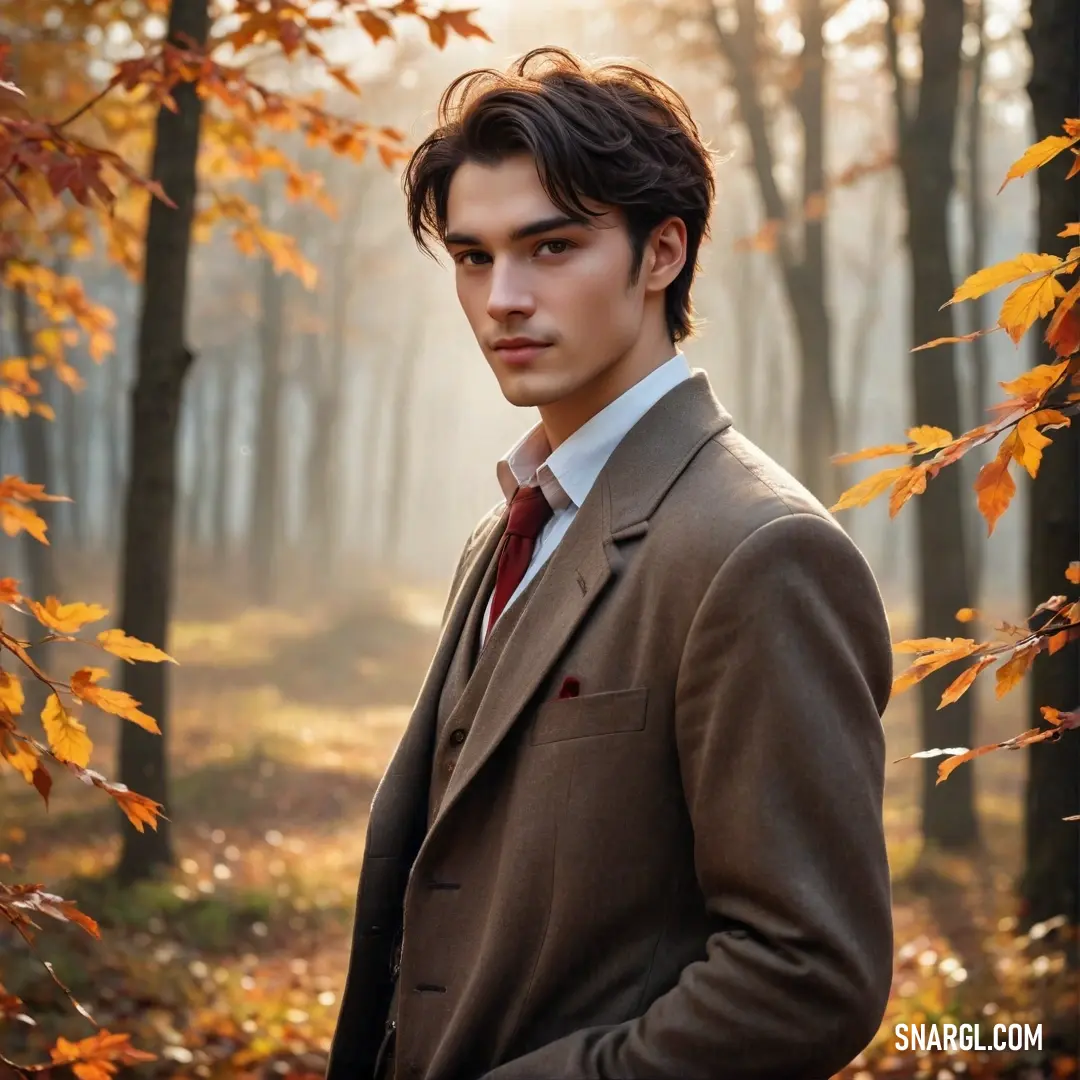 A man in a suit stands in a forest, the trees towering around him and creating a serene yet bold atmosphere. A man in a suit stands surrounded by towering trees, the natural beauty of the forest framing his confident posture as he takes in the peaceful surroundings.