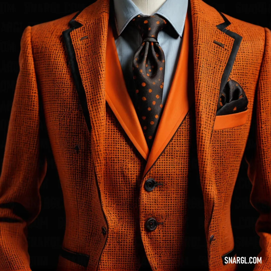 A mannequin wearing a vibrant orange jacket and polka-dotted tie stands against a contrasting dark background. A mannequin dressed in a bold orange jacket with a polka-dotted tie stands against a dark background, creating a striking contrast with its stylish and playful appearance.
