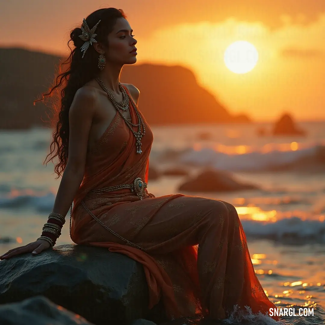 A tranquil scene of a figure on a rock at sunset, surrounded by calm waters, as day gracefully turns into night. Basking in the warm hues of a setting sun, Danica stands on a solitary rock, surrounded by shimmering waters. The scene radiates tranquility, inviting viewers to witness nature's glory as day surrenders to night in a breathtaking display.