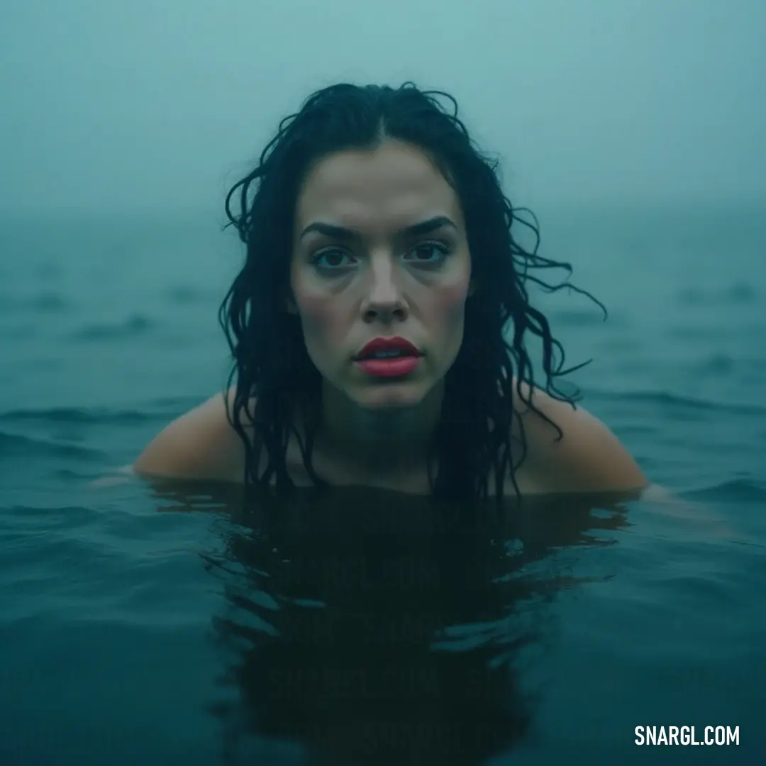 An evocative portrait capturing a moment of deep reflection, where beauty meets contemplation in an aquatic embrace. A contemplative woman submerged in shimmering water gazes directly at the camera, her long hair cascading around her shoulders, exuding a profound sense of mood and intensity.