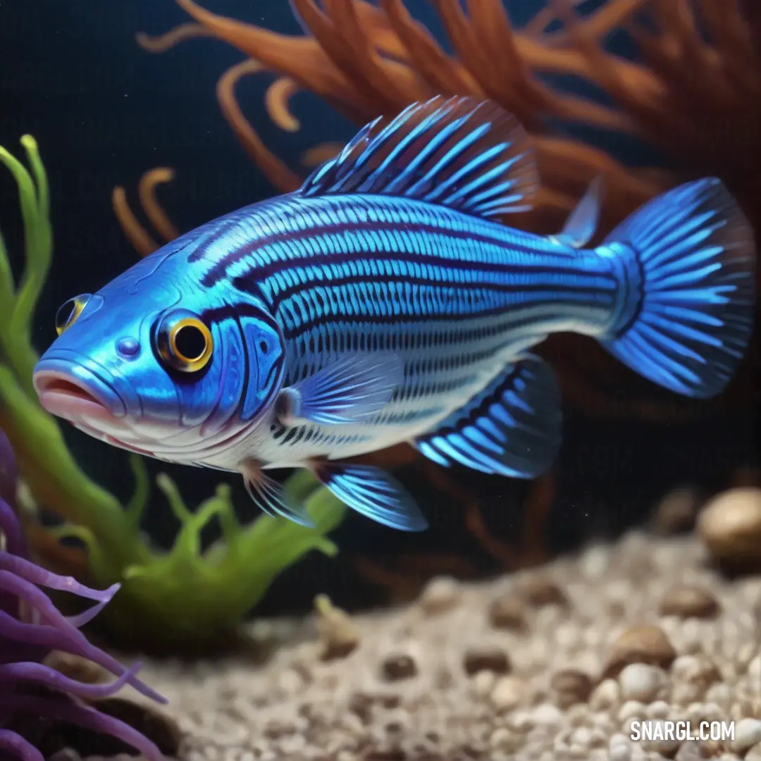 Blue fish swimming in an aquarium with corals and seaweed in the background