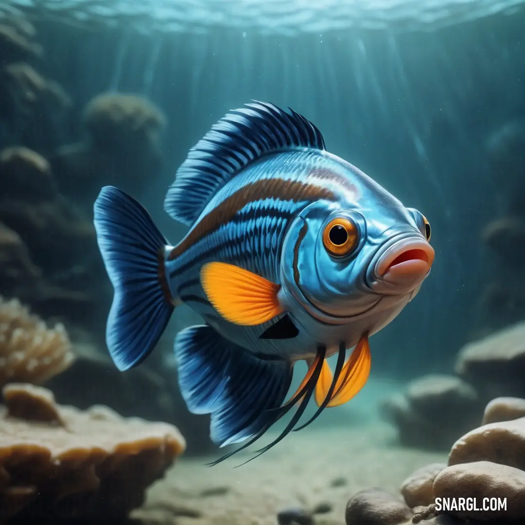 Blue fish swimming in a large aquarium with rocks and water bubbles in the background