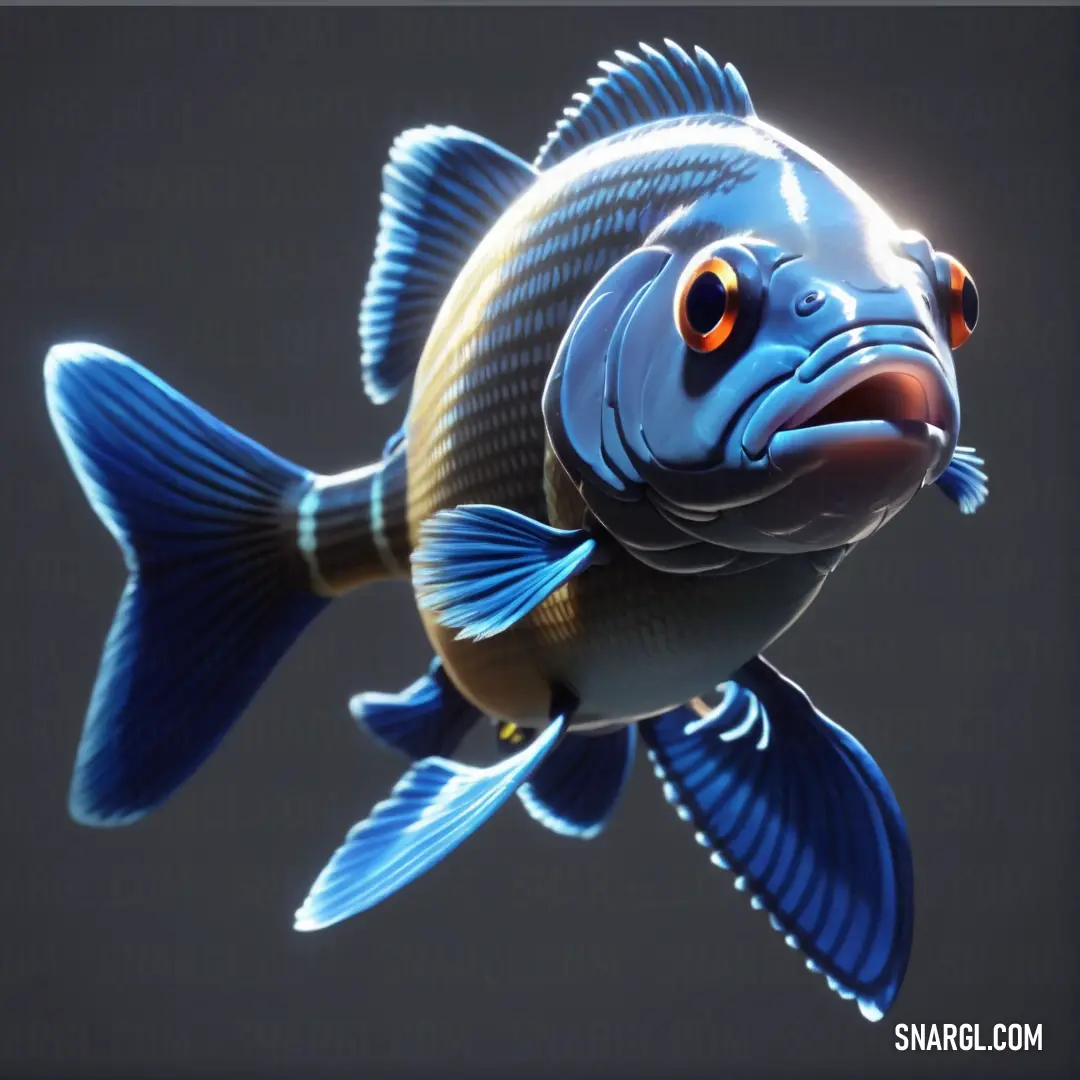 Blue fish with orange eyes and a black background