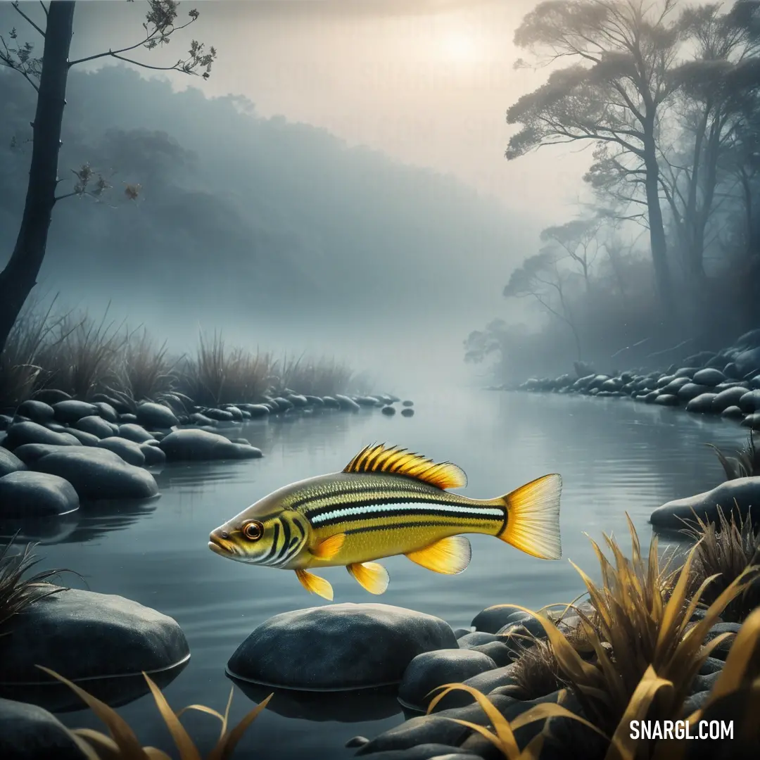 Fish is swimming in a river near rocks and grass, with a foggy sky in the background