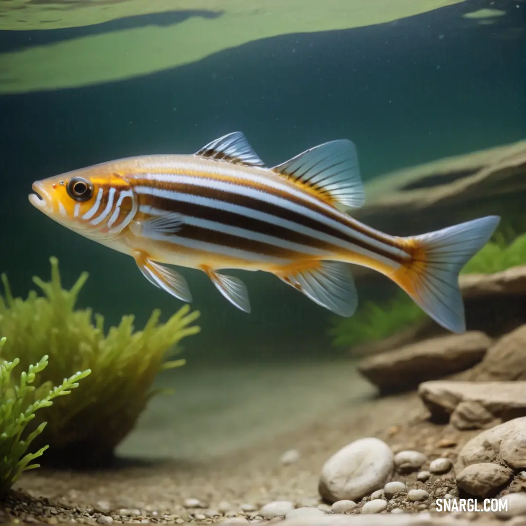 Fish swimming in a large aquarium filled with water and rocks and plants