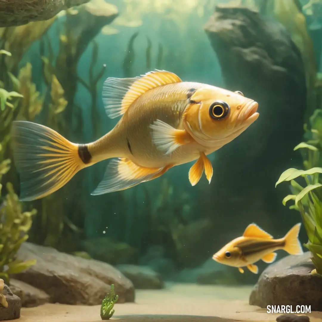 Fish swimming in a large aquarium filled with water and plants and rocks and gravels and rocks