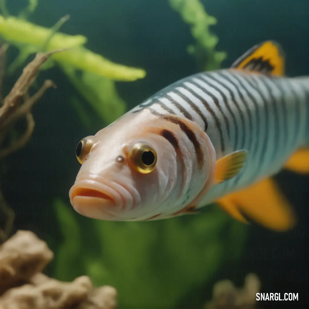 Fish that is swimming in some water near some plants and rocks and rocks