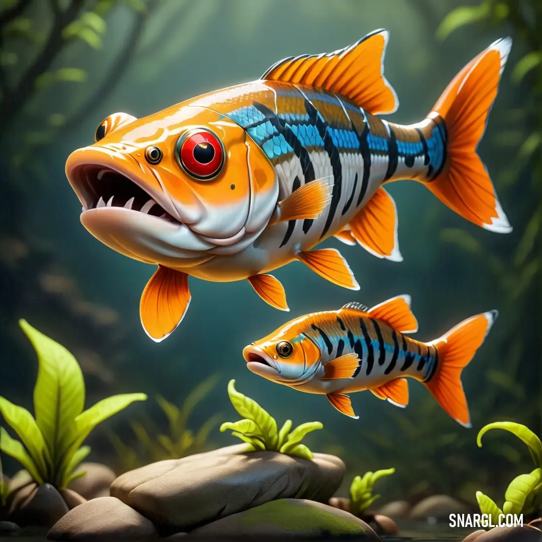 Fish with a mouth open and two smaller fish in the water with plants and rocks in the background