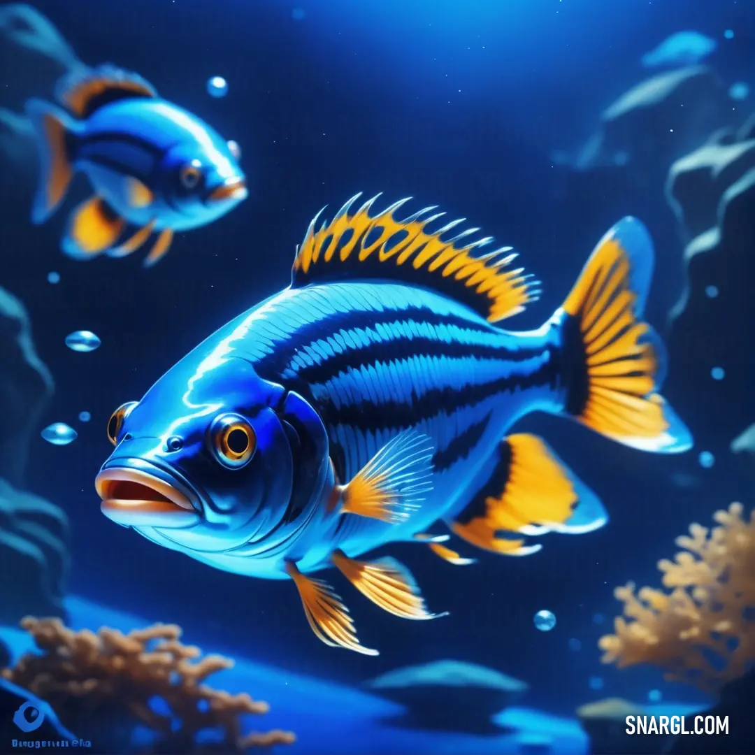 Painting of a blue and yellow fish in a blue sea with corals and algaes in the background