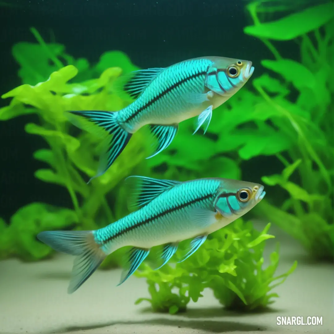 Two blue fish swimming in a green aquarium filled with plants and algaes, with a black background