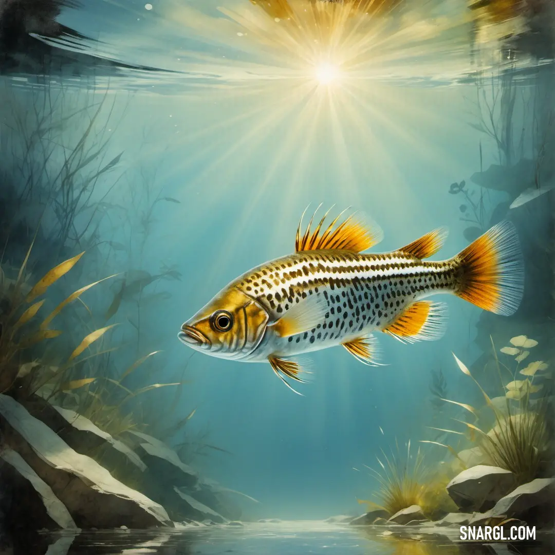 Fish swimming in a lake surrounded by plants and rocks under a bright sunburst above the water