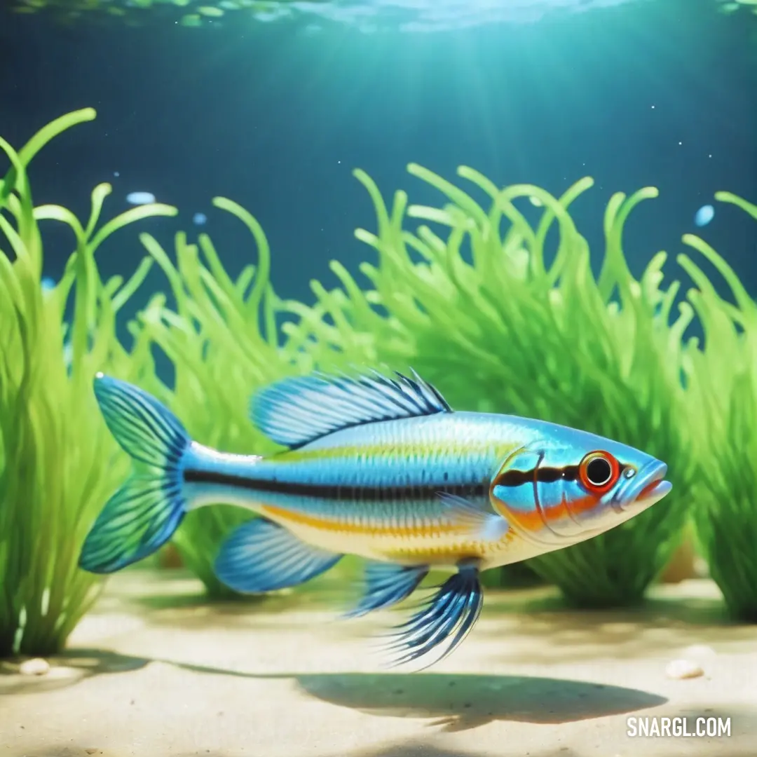 Fish swimming in a large aquarium filled with water plants and grass