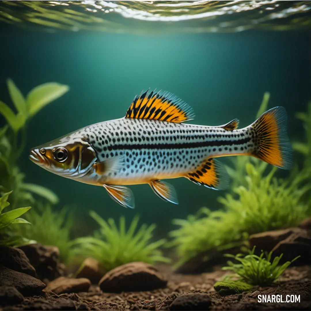 Fish swimming in a large aquarium filled with water and plants, with a blue background