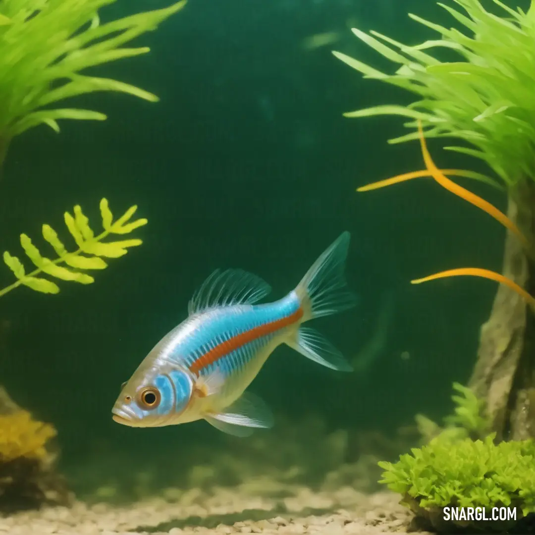 Fish swimming in a large aquarium filled with plants and algaes, with a green background