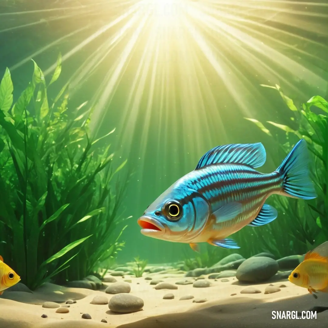 Fish swimming in a large aquarium with rocks and plants around it and sunlight shining through the water's leaves