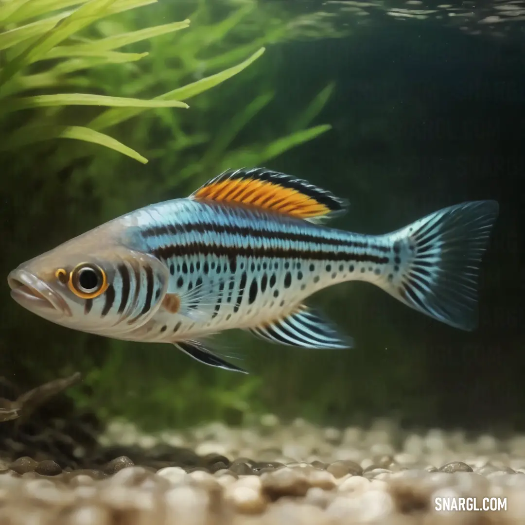 Fish that is swimming in a tank of water with plants in the background