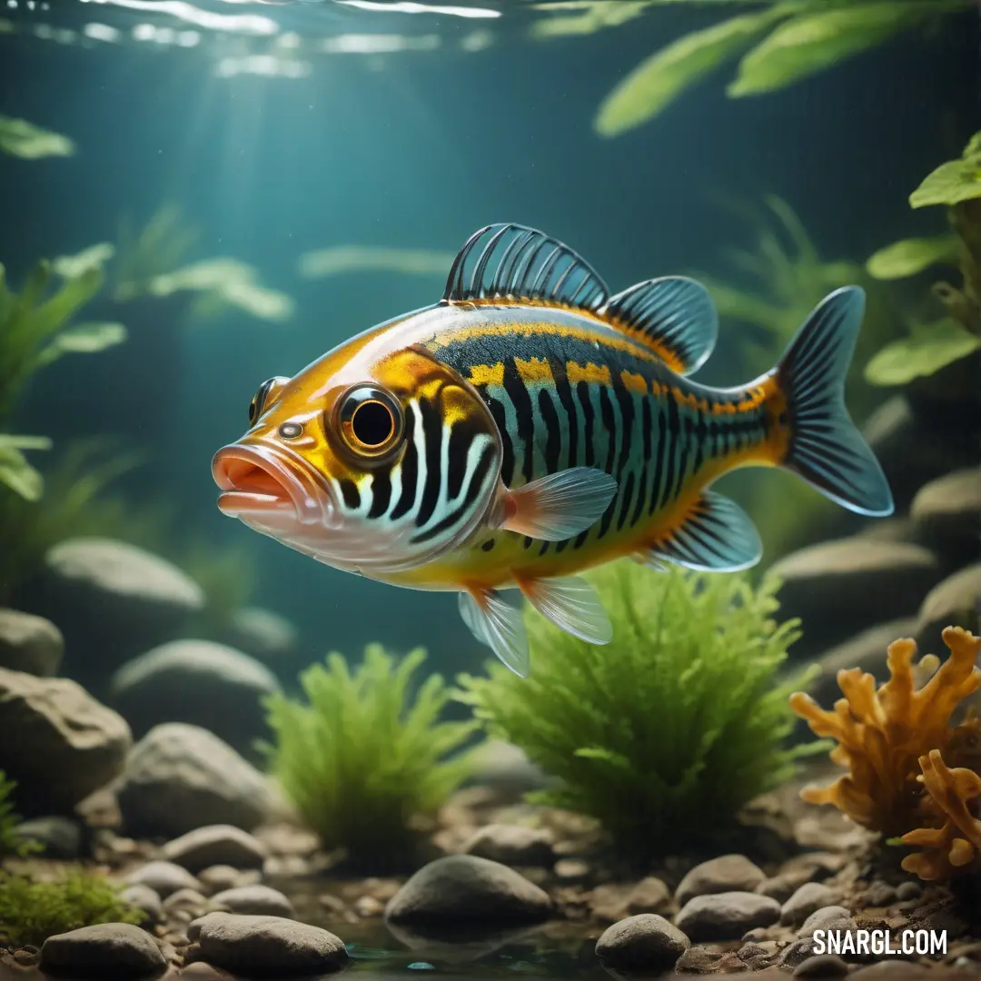 Fish that is swimming in some water near some plants and rocks and rocks and grass and water is blue and green
