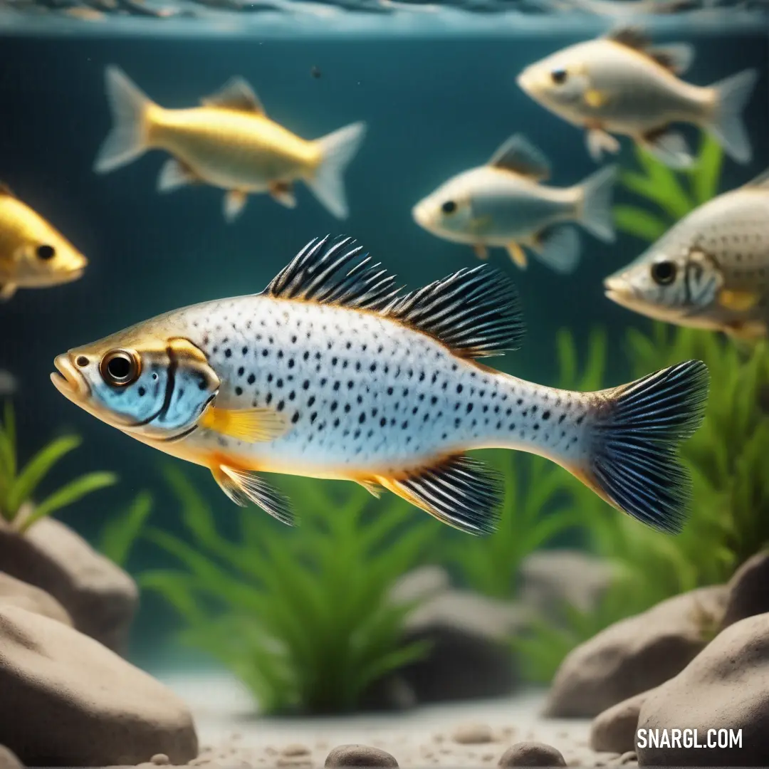 Group of fish swimming in a large aquarium filled with water and rocks and plants