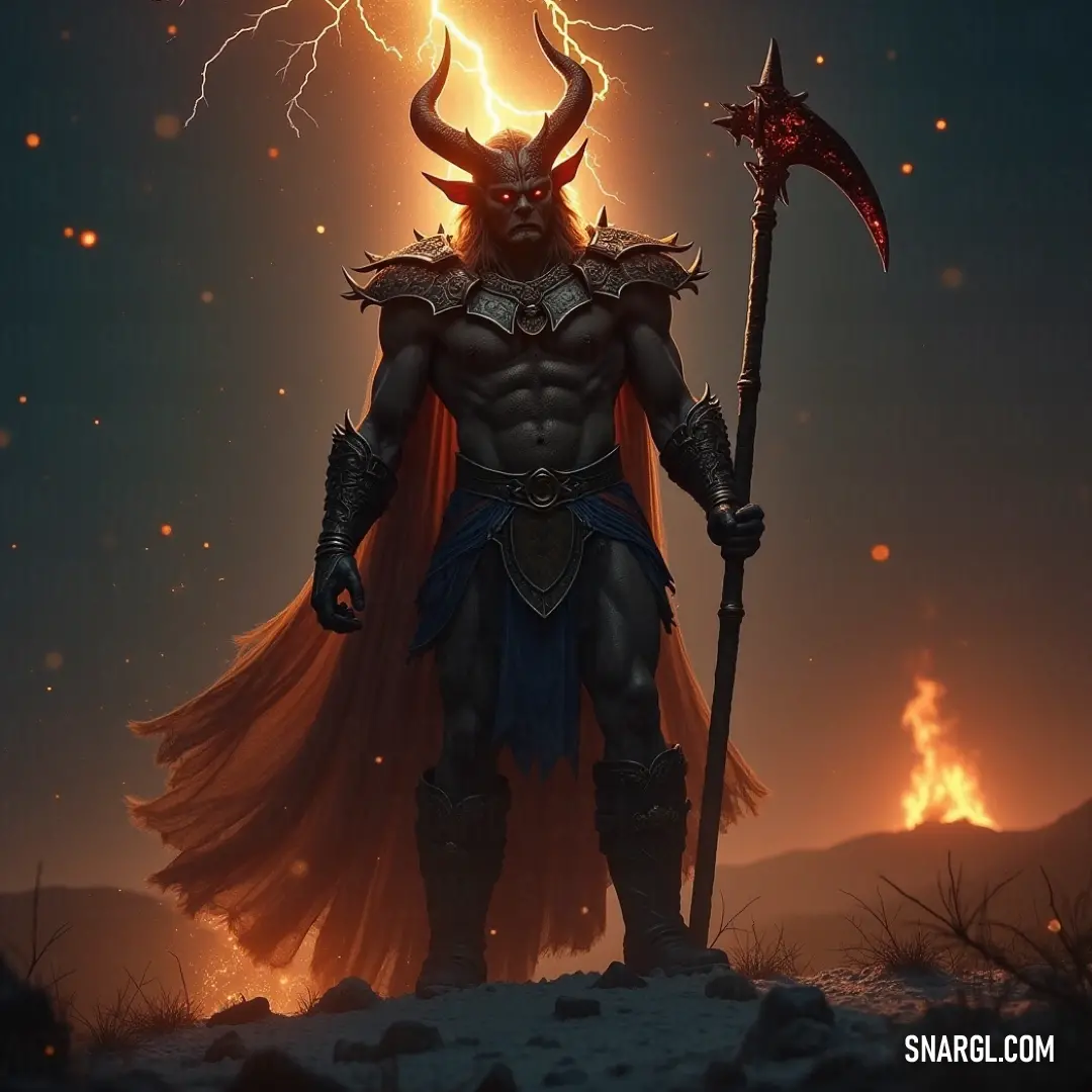 A striking horned figure commands the storm, holding a sword and lightning bolt in the open field, showcasing the raw power of nature and valor in battle. A formidable figure with a horned head stands tall in an open field, gripping a horned sword and harnessing the fury of a lightning bolt as it strikes dramatically in the background.