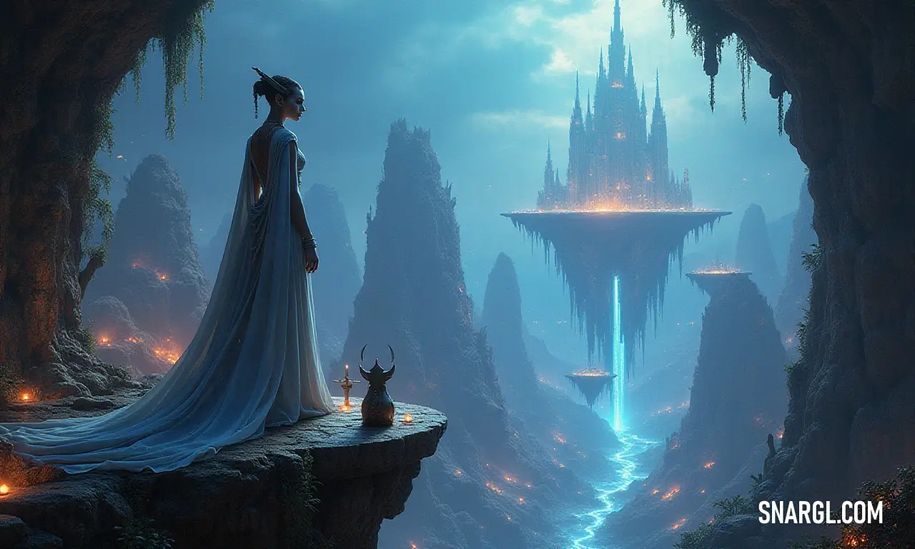 A lone figure in a flowing blue dress admires a distant castle from a rugged cliff, accompanied by a faithful dog surveying the horizon. Clad in flowing blue, a solitary figure gazes from a cliff's edge, the distant castle shimmering in the sunlight, while a loyal dog stands watch on a precarious ledge, creating a bond of companionship amidst the vast landscape.